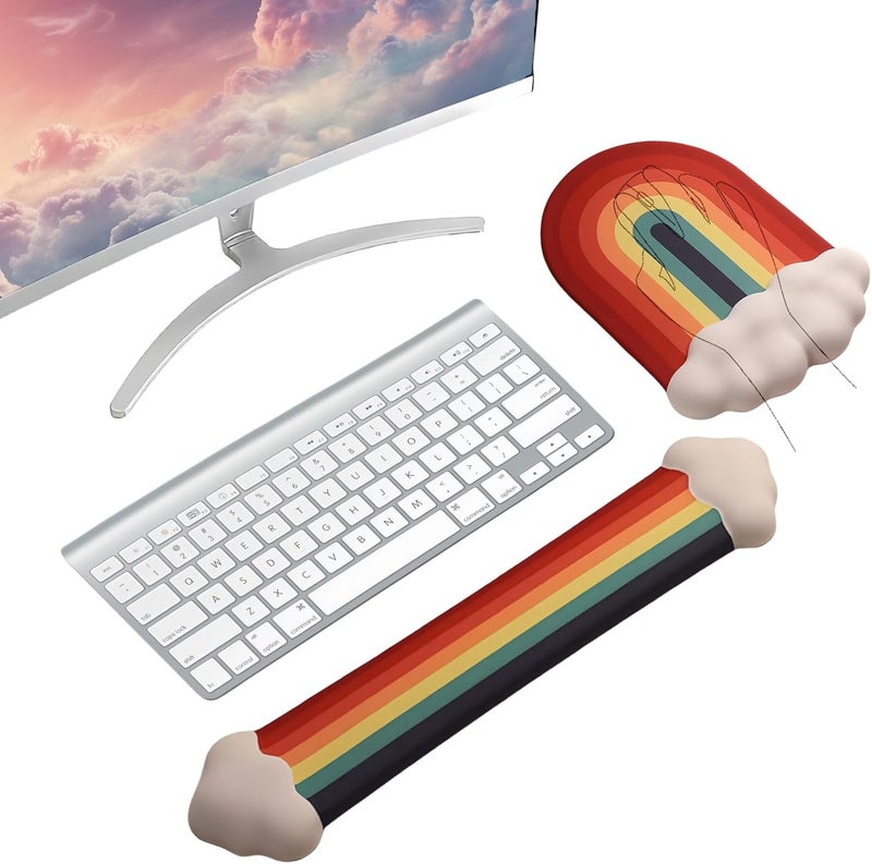 WFCYGL Gel Cloud Keyboard Wrist Rest Cute Rainbow Mouse Pad with Wrist Rest for Computer Keyboard and Mouse Pad Set PU Base Silicone Ergonomic White Cloud Wrist Pad Support for Gaming Desk Laptop Home Office - Image 1